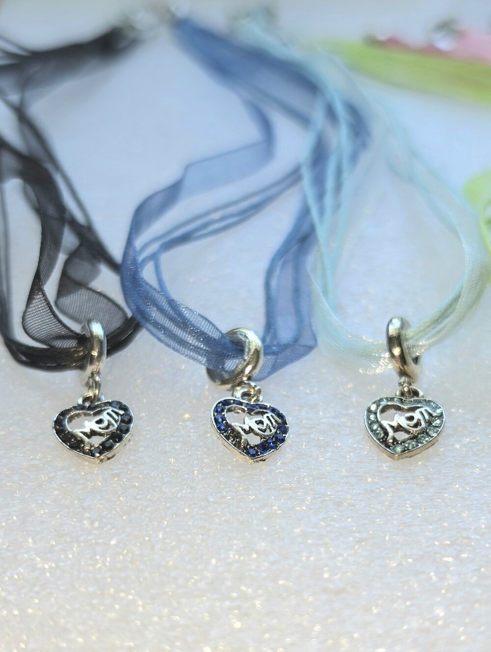 MOM Heart Crystal Pendant Ribbon Necklace Bright Neon Fluorescent Mothers Gift - Picture 3 of 16